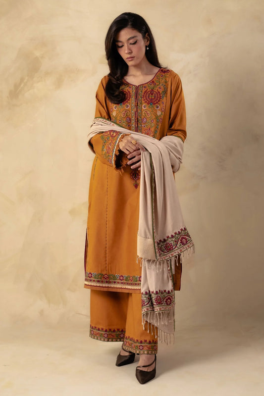 KHADDAR 3PC STITCHED DRESS EMBROIDERED SHAWL D-738